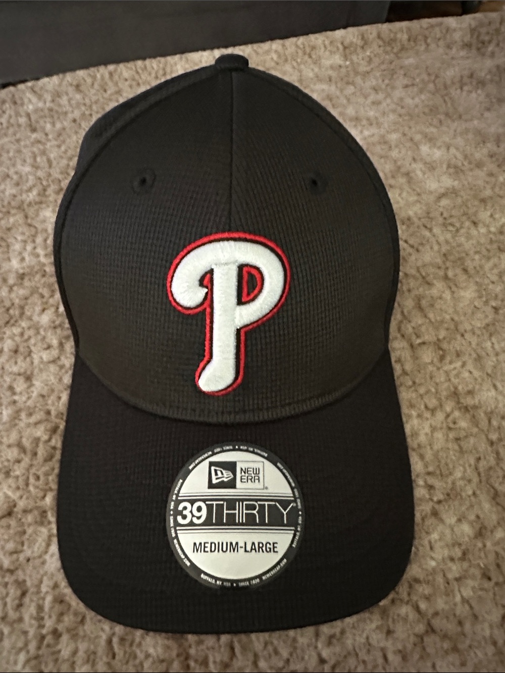 New Era Black Cap with White and Red 'P' Logo